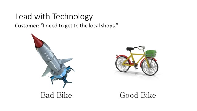 Original presentation slide: Lead with Technology. A rocket labelled 'Bad Bike' next to a bicycle labelled 'Good Bike'. Customer says: I need to get to the local shops.